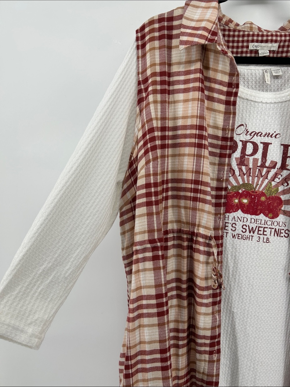 Cato Red & Cream Plaid Long Cotton Vest with Apples Top Women's Size 22/24 - Picture 9 of 11